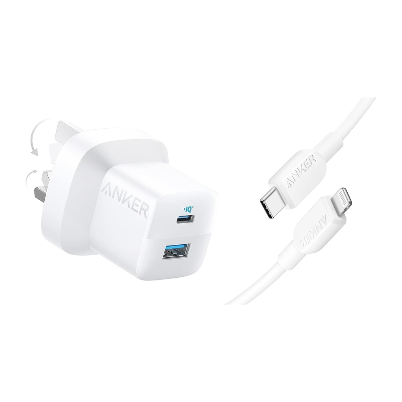 Anker 323 Wall Charger – Dual Ports, 33W Output with 90cm USB-C to Lightning Cable – White