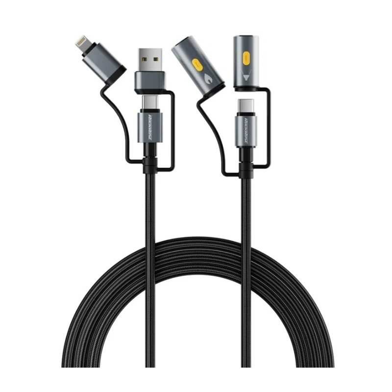 RockRose Hercules Reign 100W Max 6‑in‑1 Fast Charging Cable – USB‑A, USB‑C & Lightning (1 m, Metal Braided)