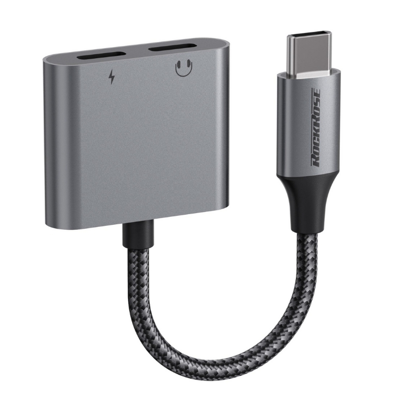 RockRose USB-C to USB-C+USB-C  Adapter PD 60W Quick Charge Charging & Music & Call Grey Blue