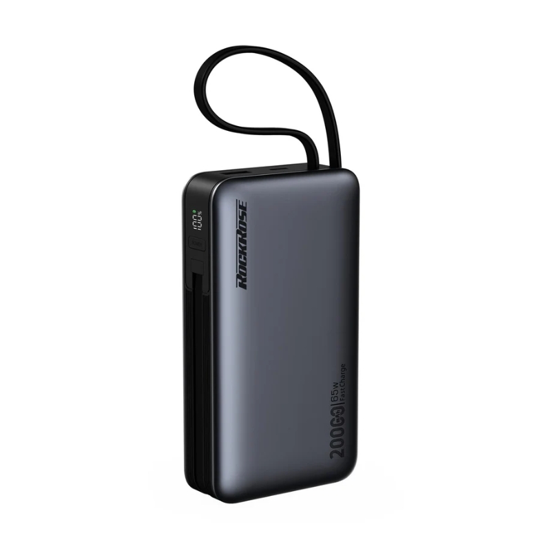 RockRose Power Bank 20000mAh 65W PD Fast Charging – Built-in USB-C & Lightning Cables – Black