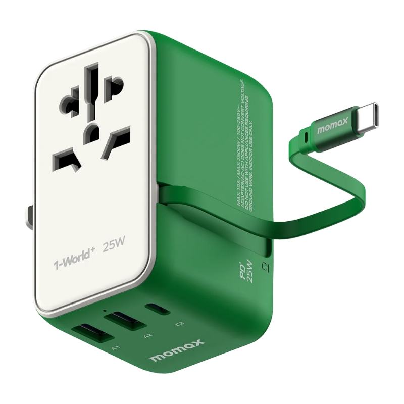 Momax World+ 25W 3-Port w/ Built-in USB-C Cable + AC Travel Adaptor