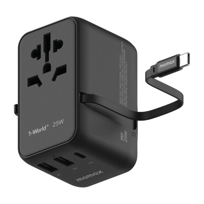 Momax World+ 25W 3-Port w/ Built-in USB-C Cable + AC Travel Adaptor