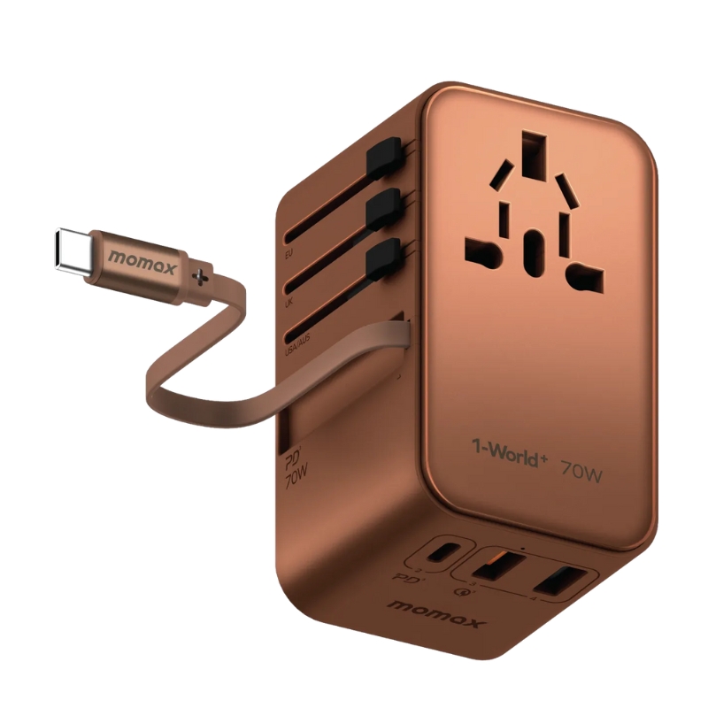 Momax World+ 70W GaN 3-Port w /Built-in USB-C Cable + AC Travel Adaptorr Gold