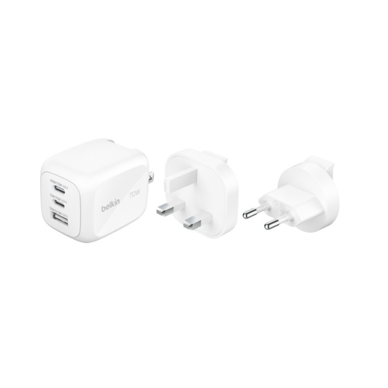 Belkin 70W 3-Port GaN Fast Wall Charger with Travel Adapters (US/UK/EU Plugs)