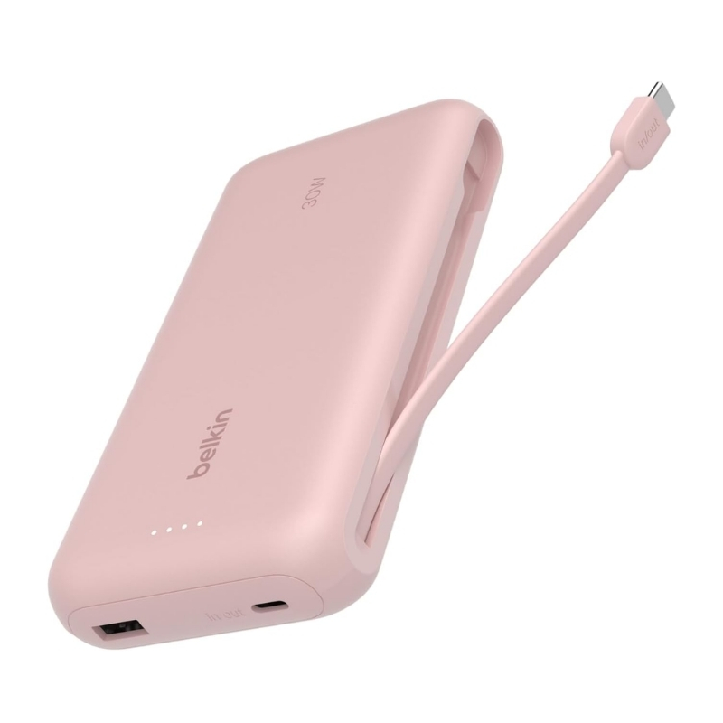 Belkin Post Charge Power Bank 20K with Built-in Cable, Pink (Emergency Charger)