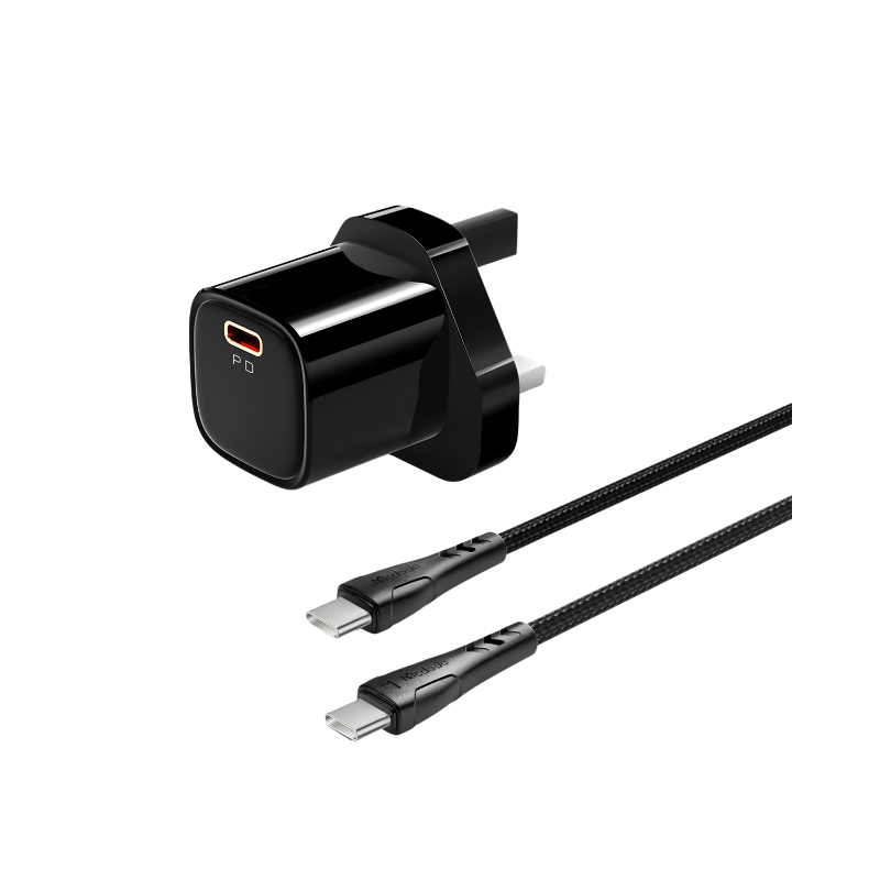 MC Nano Series 20W PD Charger With USB-C to USB-C Cable (UK Plug) - Black