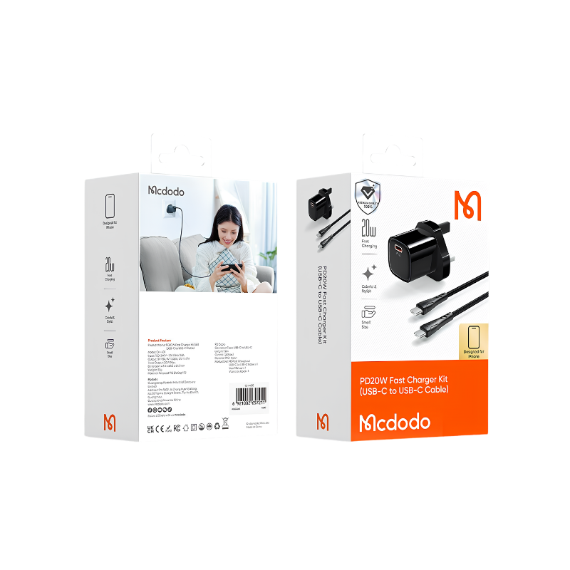 MC Nano Series 20W PD Charger With USB-C to USB-C Cable (UK Plug) - Black