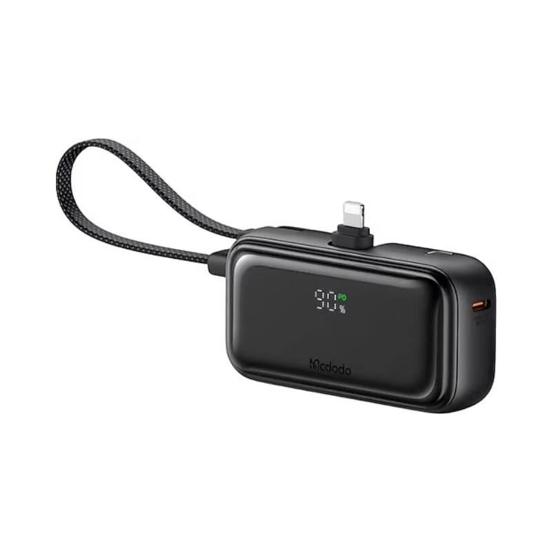 Mcdodo Pocket Power Bank with 5000mAh capacity, 22.5W power output, and built-in cable and connector (Lightning)