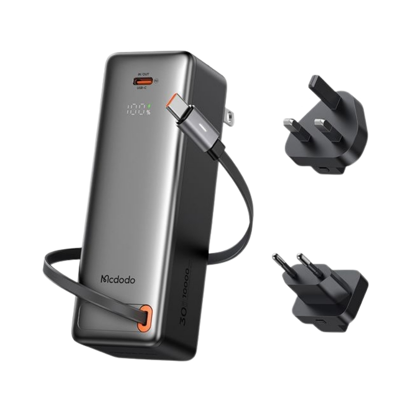 Mcdodo 3-in-1 Power Bank with Digital Display, 30W, 10000mAh capacity, built-in retractable cable, and interchangeable plugs (UK/EU/US)