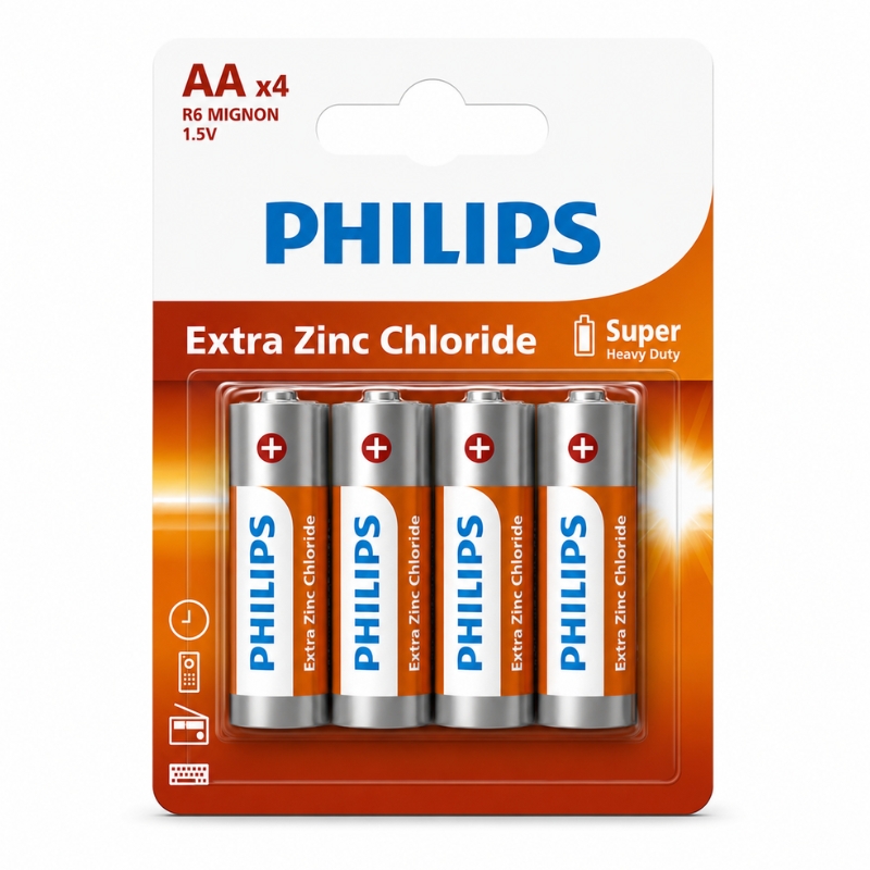 Philips Cylindrical Battery R6L4B/40 Extra Zinc Chloride AA 4-blister