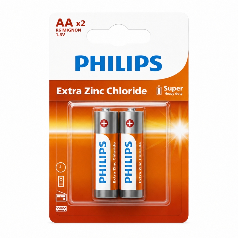 Philips R6L2B/40 Extra Zinc-Chloride AA Cylindrical Batteries (2 Pack)