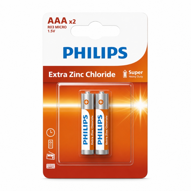 Philips Cylindrical Battery R03L2B/40 Extra Zinc Chloride AAA 2-blister