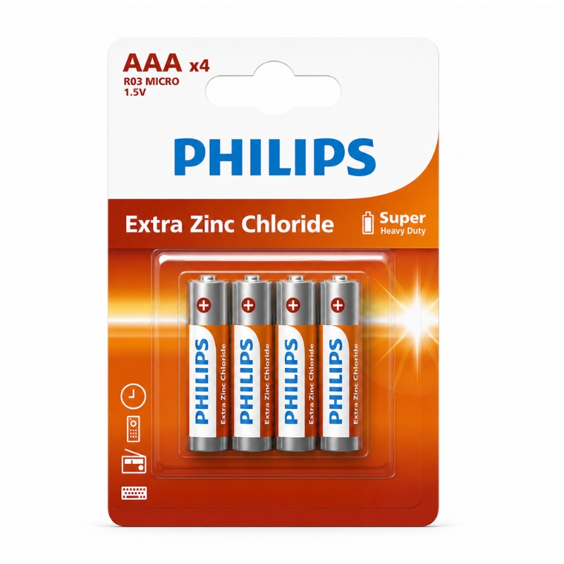 Philips Cylindrical Battery R03L4B/40 Extra Zinc Chloride AAA 4-blister