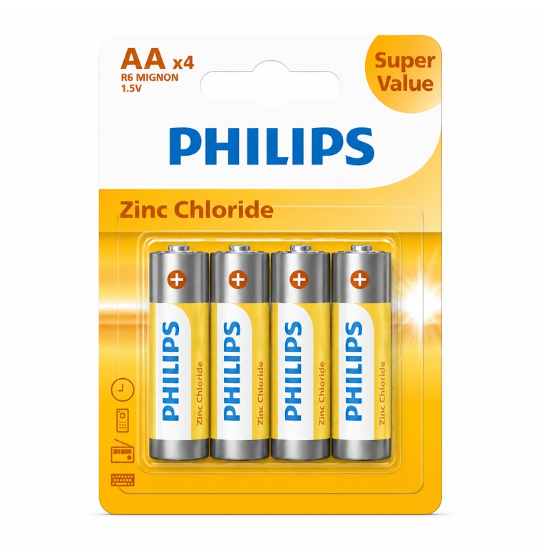 Philips Cylindrical Battery R6G4B/40 Zinc Chloride AA 4-blister
