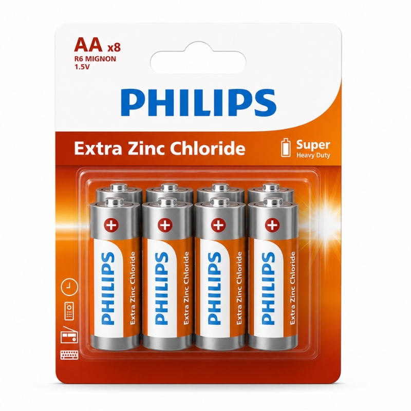 Philips Cylindrical Battery R6L8BL/40 Extra Zinc Chloride AA 8-blister