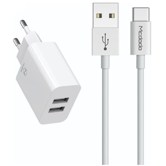 Mcdodo USB Dual Charger (2-Port Wall Charger, Type-C Cable 1m) – White